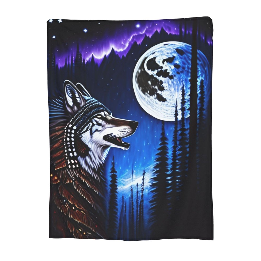 Howling Wolf Moon Blanket with Headdress, Soft Fleece Throw
