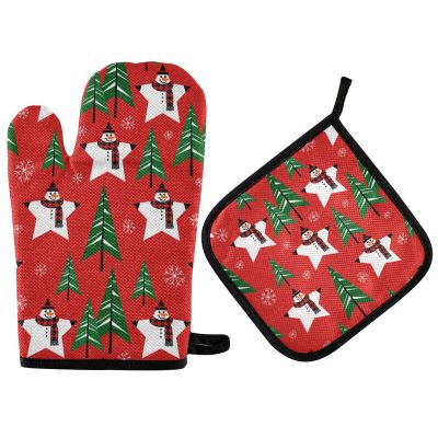 2-Piece Oven Mitt and Potholder Set, Red Christmas Design