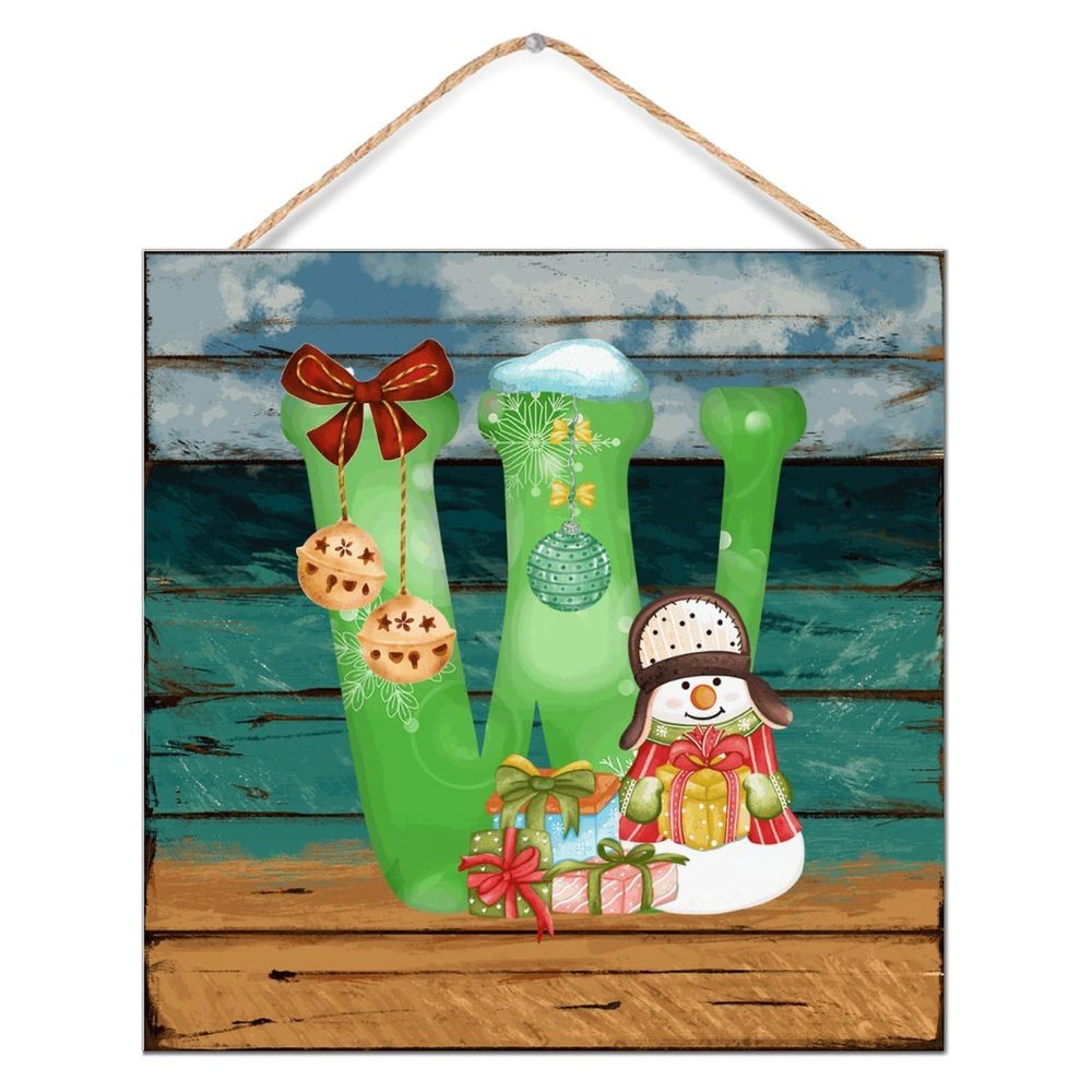 Green Initial W Snowman Wooden Wall Sign with Red Berries and Bells, 12 x 12 in