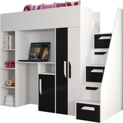 MEBLE KRYSPOL Party 14 Loft Bed for Children and Teens with Storage, Desk, Wardrobe and Bookshelf, 247 x 120 x 165 cm, White/Black
