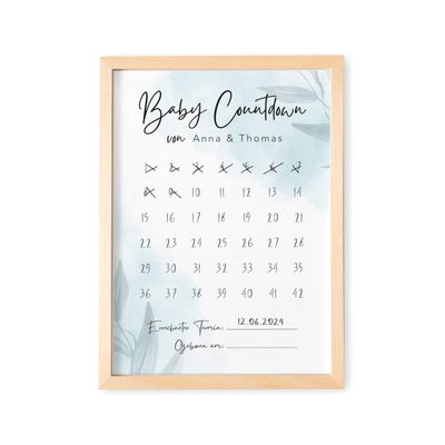Babycountdown Personalized Baby Countdown Calendar with Name, Blue, DIN A4, with or without Frame