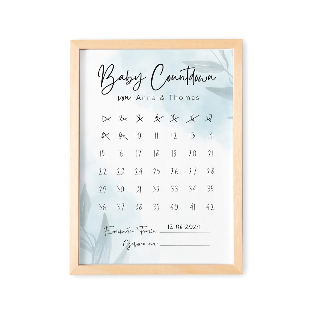 Babycountdown Personalized Baby Countdown Calendar with Name, Blue, DIN A4, with or without Frame