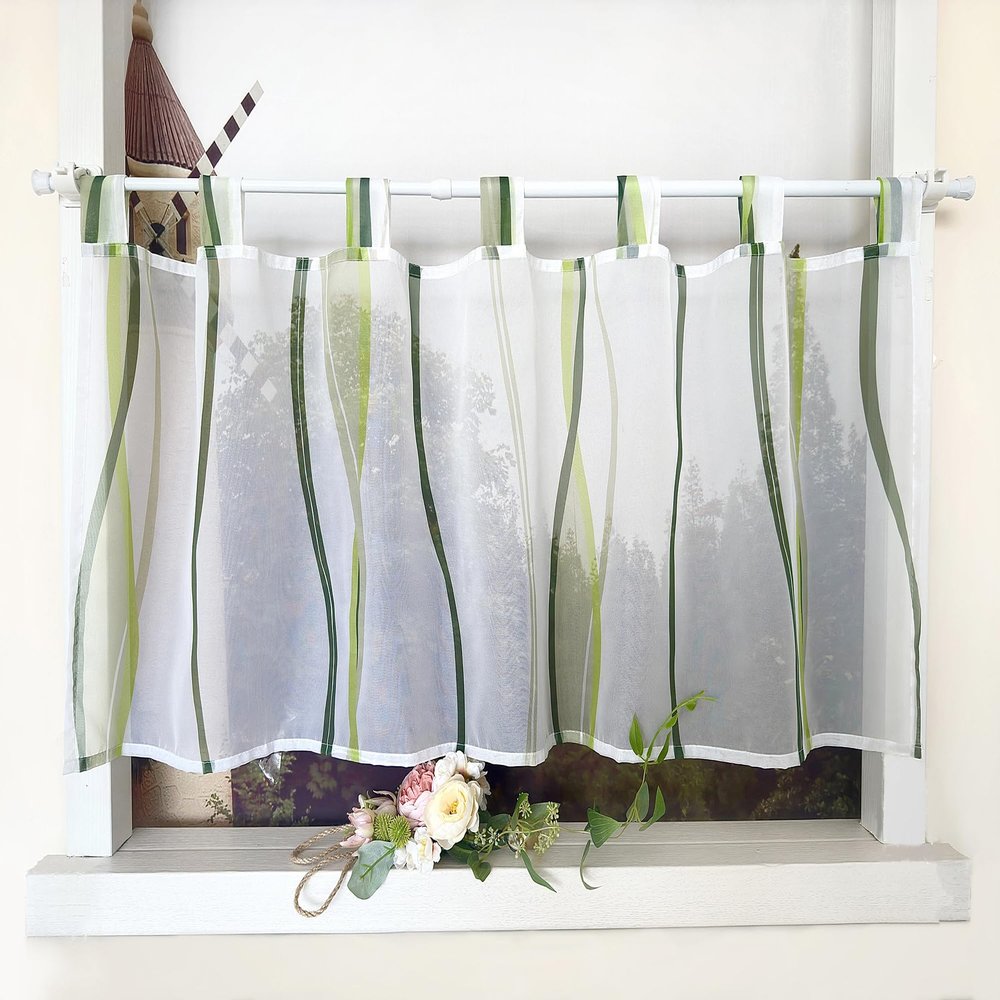 Devola Voile Window Curtain with Wave Pattern and Loops, HxW 60 x 140 cm, Green
