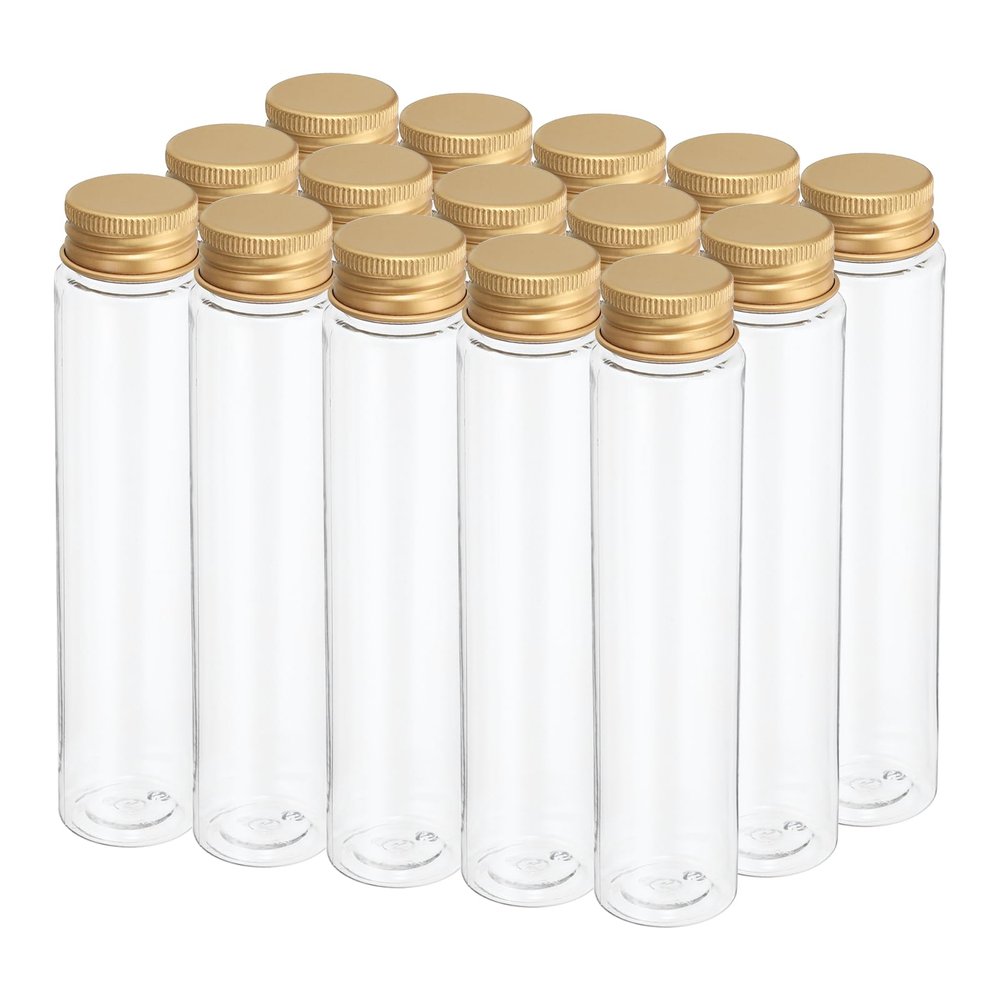 PATIKIL 110 mL Plastic Test Tubes with Screw Caps, 15-Pack, 151 x 34 mm Flat-Bottom Tubes, Gold
