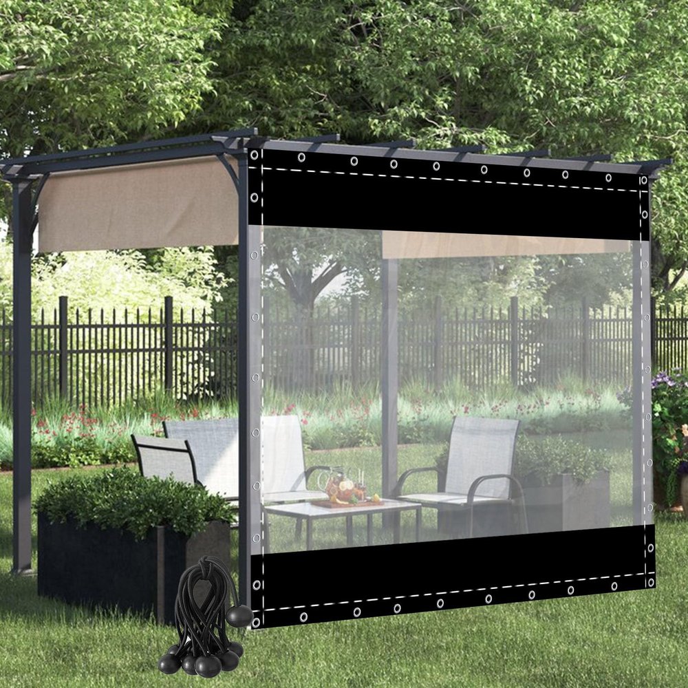 POCHY Transparent PVC Outdoor Curtain, Waterproof Side Wall for Pergola, Pavilion and Patio, Black, 1 x 1.8 m