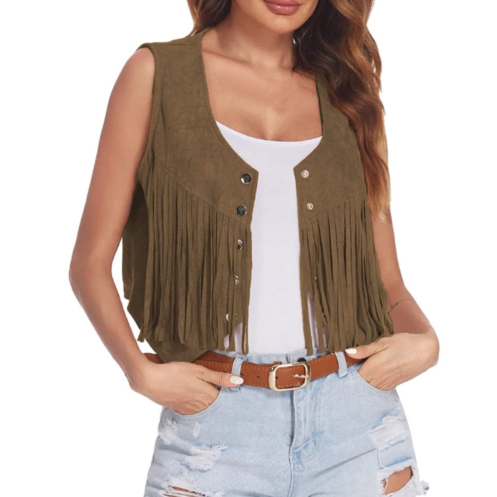 Duohropke Fringe Vest, Soft Brown Cowgirl Vest for Women