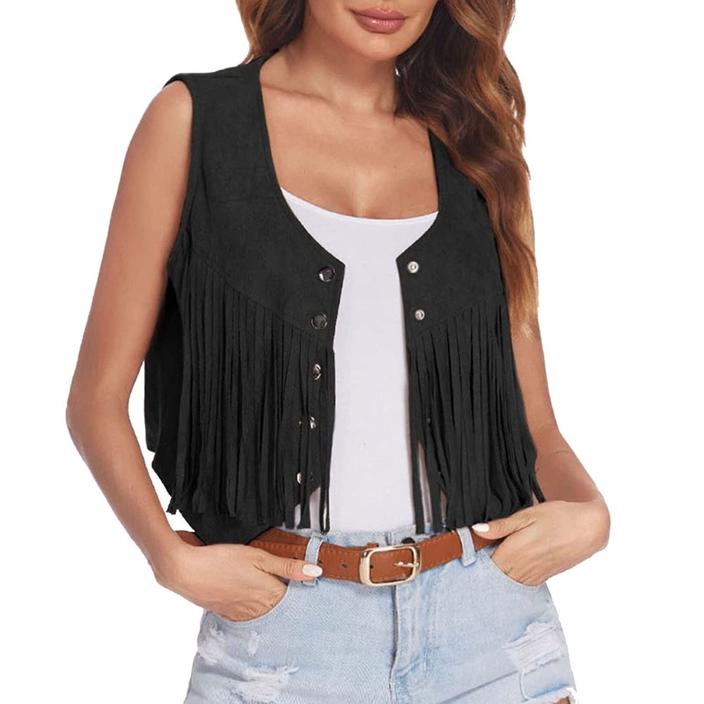 Duohropke Fringe Vest – Soft Brown Sleeveless Cowgirl Vest for Women