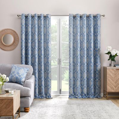 Dreams & Drapes Blue Damask Curtains (W 46 x L 117 x 137 cm), 2 Floral-Pattern Panels for Bedroom and Living Room, Delft Blue and White