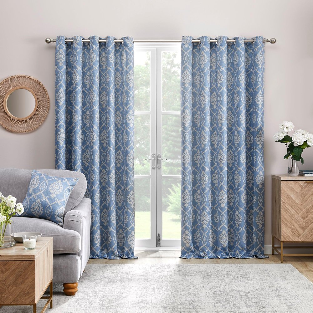 Dreams & Drapes Blue Damask Curtains (W 46 x L 117 x 137 cm), 2 Floral-Pattern Panels for Bedroom and Living Room, Delft Blue and White