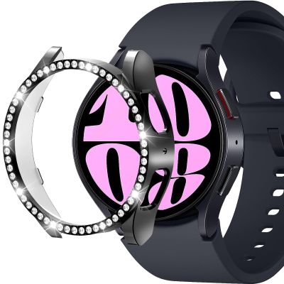 Compatible with Galaxy Watch 6 44mm Case (2023), Diamond-Plated PC Bumper with Bling Crystal Glitter Frame, Black