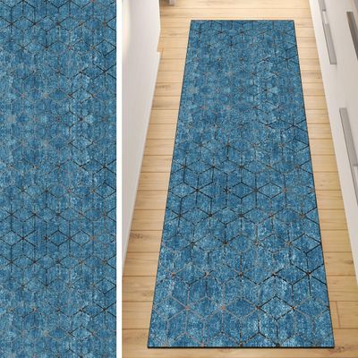 QQrunner Geometric Non-Slip Runner Rug, 50 x 150 cm, Blue, Washable Polyester