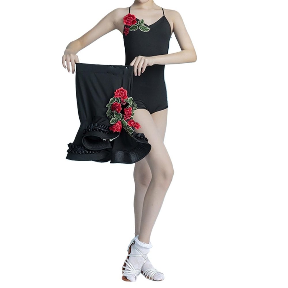 Latin Dance Skirt with Ruffled Split Hem, Leotard and Skirt Outfit for Girls, Ballroom, Samba, Cha-Cha (Black, Size 140)