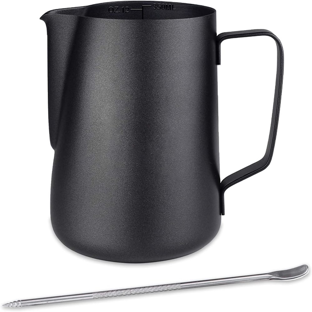 EMSMIL 900 ml Black Stainless Steel Milk Pitcher with Measurement Scale and Latte Art Pen