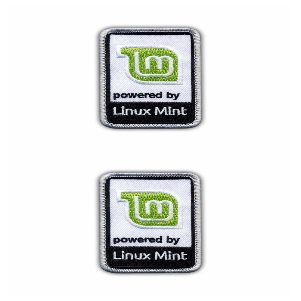 Set of 2 "Powered by Linux Mint" Embroidered Patches with Black Hook-and-Loop Backing