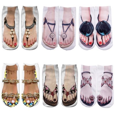 GANDUS Women's Nail Art Print Socks, 3D Flip-Flop Print, Low-Cut Ankle Socks, 6 Pairs, One Size