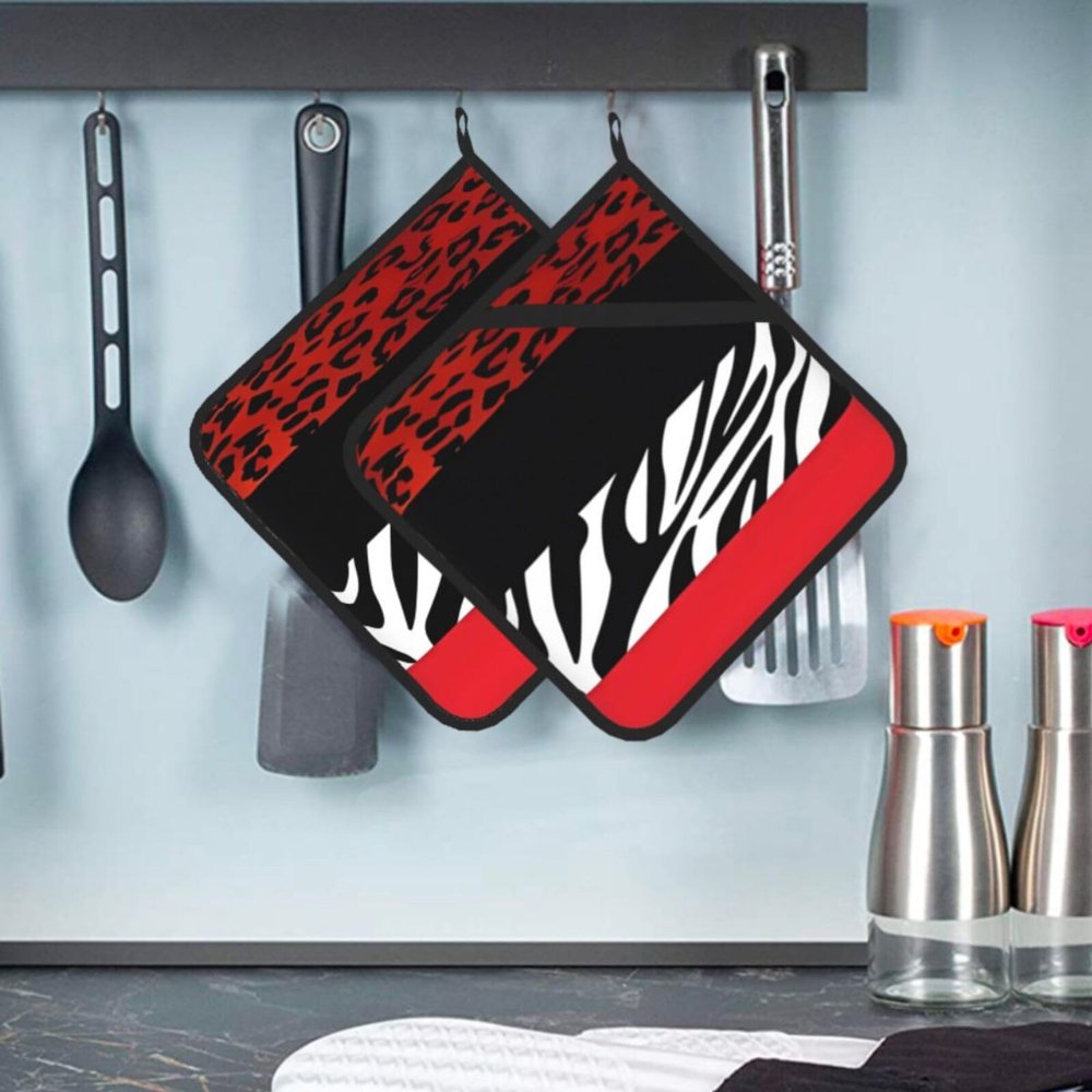 Potholders, Heat-Resistant, Red Leopard and Zebra Print, 2-Pack