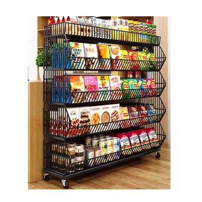 GRRICEPL Mini-Market Shelf Cart, Rolling Metal Wire Basket Snack Rack, Slanted Supermarket Shelves, White, 120 x 45 x 110 cm