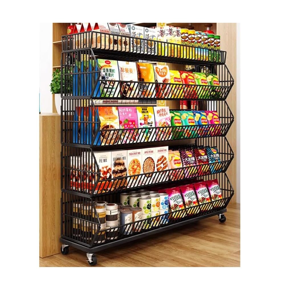 GRRICEPL Mini-Market Shelf Cart, Rolling Metal Wire Basket Snack Rack, Slanted Supermarket Shelves, White, 120 x 45 x 110 cm