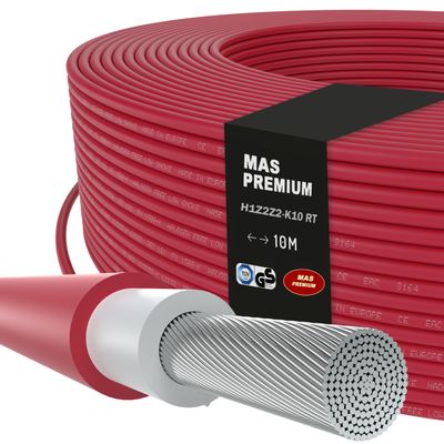 MAS Premium H1Z2Z2-K Solar Cable, 4, 6, 10 mm, 5–200 m, TV-2, Halogen-Free, Double-Insulated (10 mm, Red, 10 m)