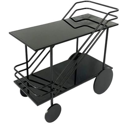 SOCUY Iron Serving Cart/Kitchen Cart, Glass-Shelf Rolling Cart, Black, 60 × 35 × 75 cm