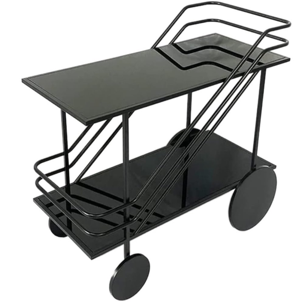 SOCUY Iron Serving Cart/Kitchen Cart, Glass-Shelf Rolling Cart, Black, 60 × 35 × 75 cm
