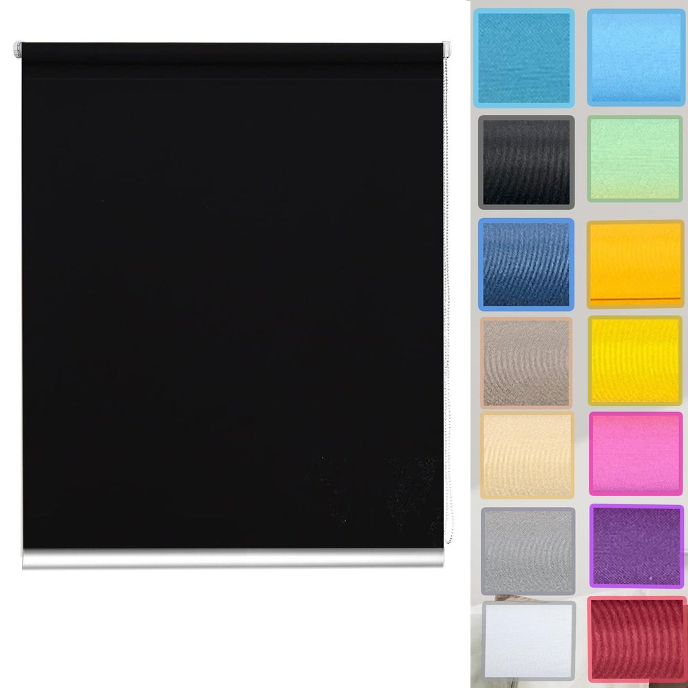 No-Drill Blackout Roller Blind with Clip Brackets, 110 x 80 cm, Black