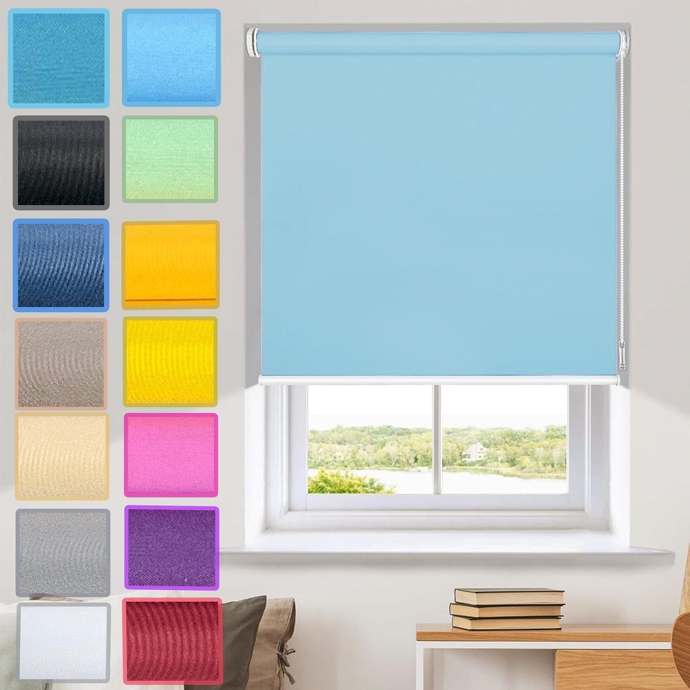 No-Drill Blackout Roller Blind, 80 x 120 cm, Sky Blue