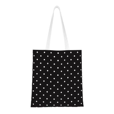 HAHAFU Black Canvas Tote Bag with White Dot Pattern