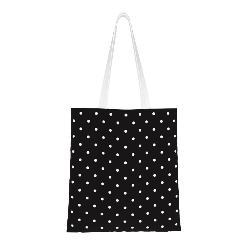 HAHAFU Black Canvas Tote Bag with White Dot Pattern