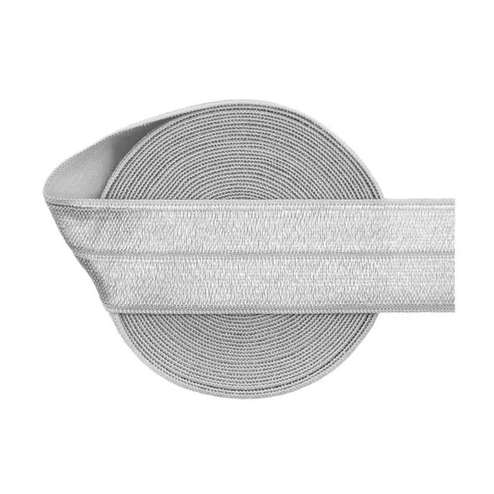 2/5/10 Yards 1 in. 25 mm Solid Shiny Fold-Over Elastic FOE Spandex Satin Tape for Hair Ties, Headbands, Dresses, Sewing and Trim, Light Silver, 10 Yards