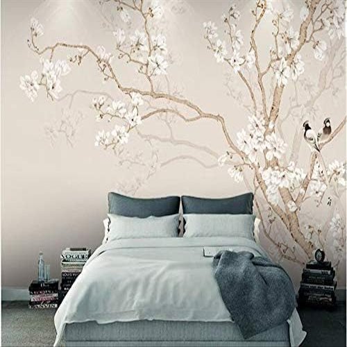 Classic Orchid Floral and Bird Wallpaper, Sand, 300 x 210 cm