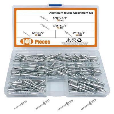 140-Piece Aluminum Blind Rivet Assortment, M3.2, M4, M4.8, Dome Head, Closed-End Pop Rivets for Furniture