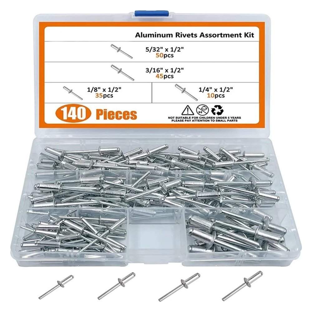 140-Piece Aluminum Blind Rivet Assortment, M3.2, M4, M4.8, Dome Head, Closed-End Pop Rivets for Furniture