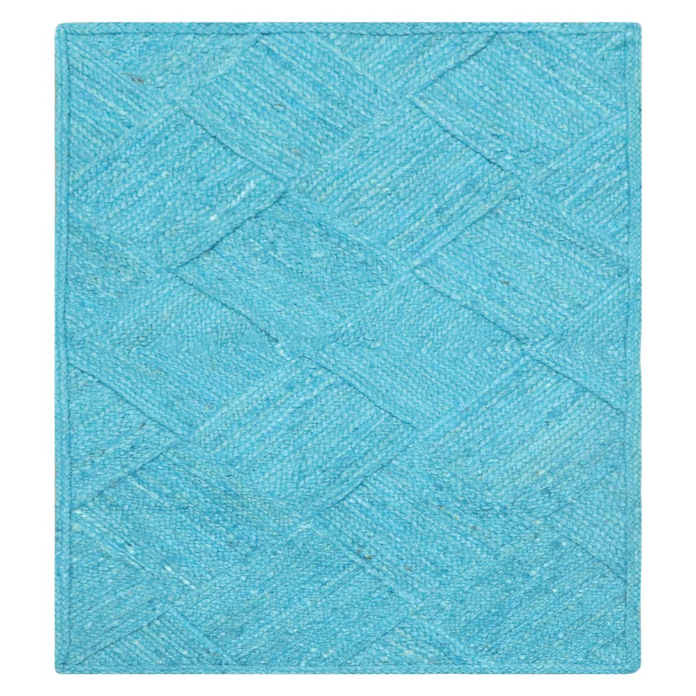CASAVANI Modern Square Kilim Rug, 2.13 m, Handwoven, Turquoise Blue, Sisal and Jute, 0.48 cm Thick, Geometric Flatweave, Indoor/Outdoor