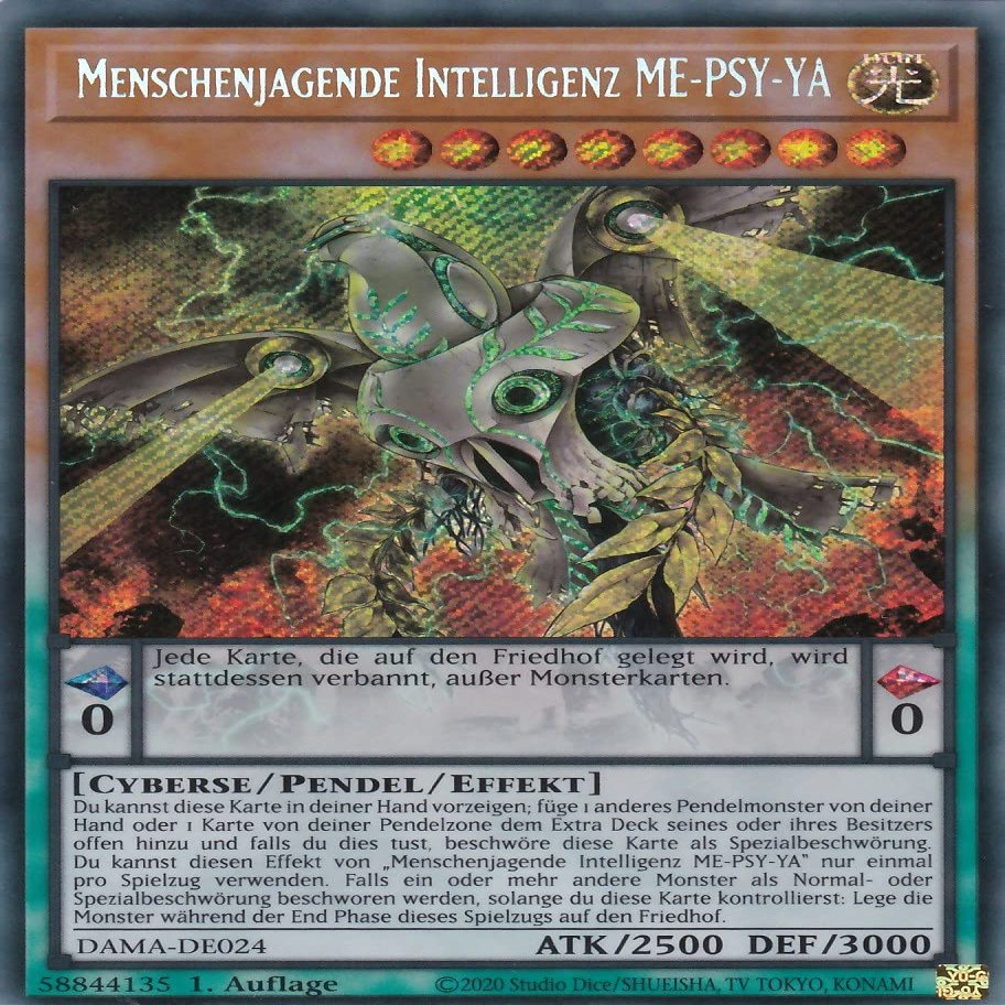 DAMA-DE024 - Man-Hunting Intelligence ME-PSY-YA - Secret Rare - 1st Edition - German - Dawn of Majesty - with LMS Trading Field Center Card