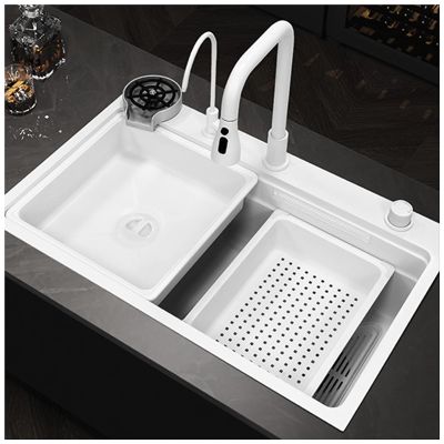 PetterShop 30.7-Inch Waterfall Kitchen Sink, 304 Stainless Steel Single Bowl, White, 78 × 48 × 22 cm