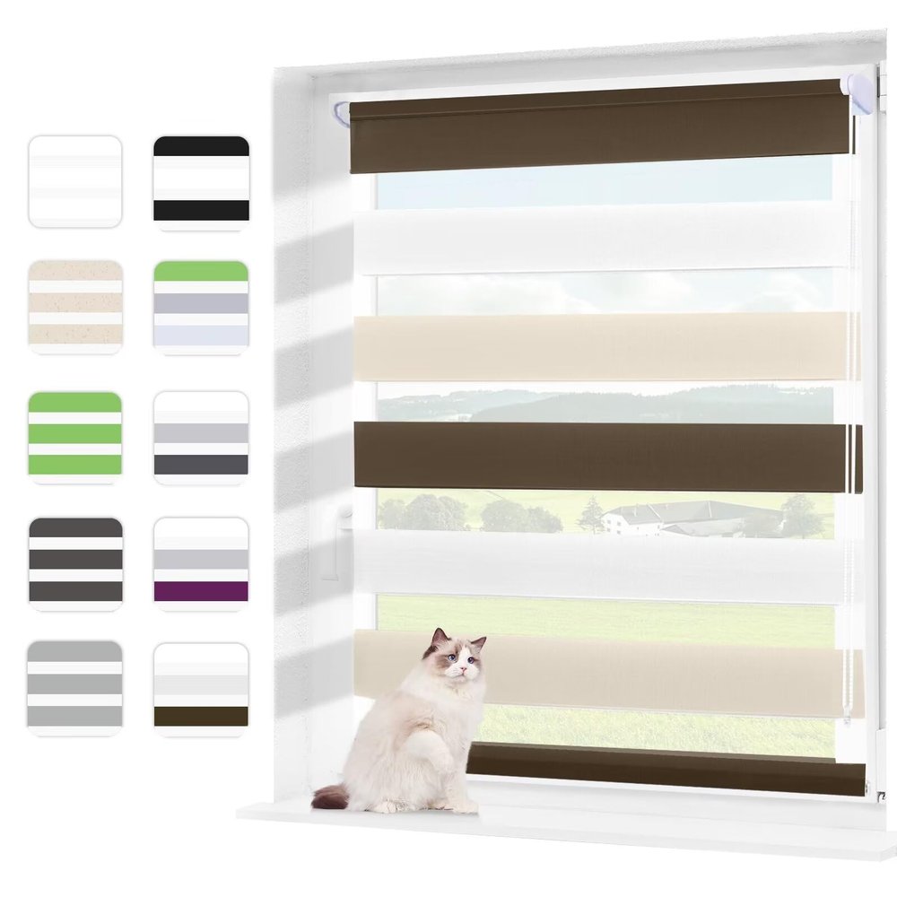 Wudomi Dual Roller Blind, No-Drill Clamp-Fix, White-Beige-Brown, 80 x 150 cm (W x H)