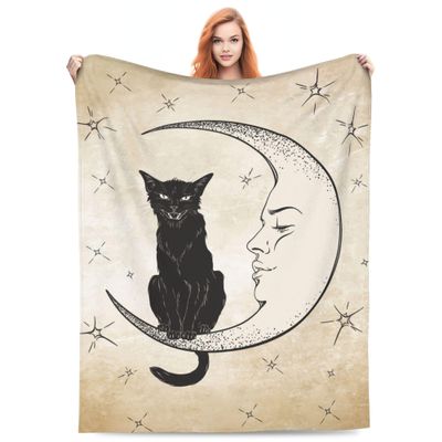 Black Cat Blanket with Cat Sitting on the Moon, Wicca Throw, Soft Lightweight Fleece