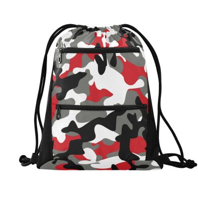 FRODOTGV Water-Resistant Drawstring Backpack, Camouflage Red/Gray, One Size