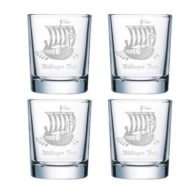 elbedruck Set of 4 40 ml Shot Glasses with Personalized Viking Engraving, Custom Text, Ship Design
