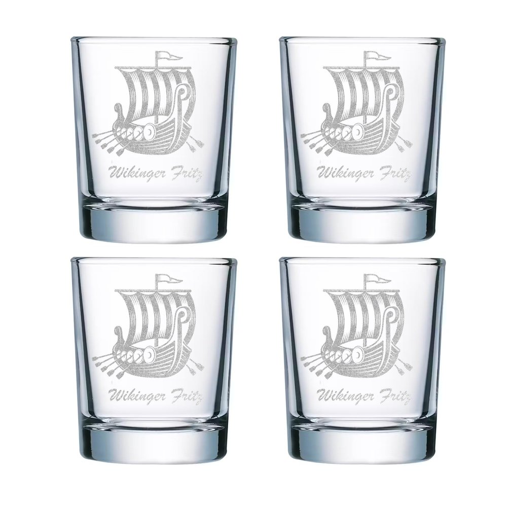 elbedruck Set of 4 40 ml Shot Glasses with Personalized Viking Engraving, Custom Text, Ship Design