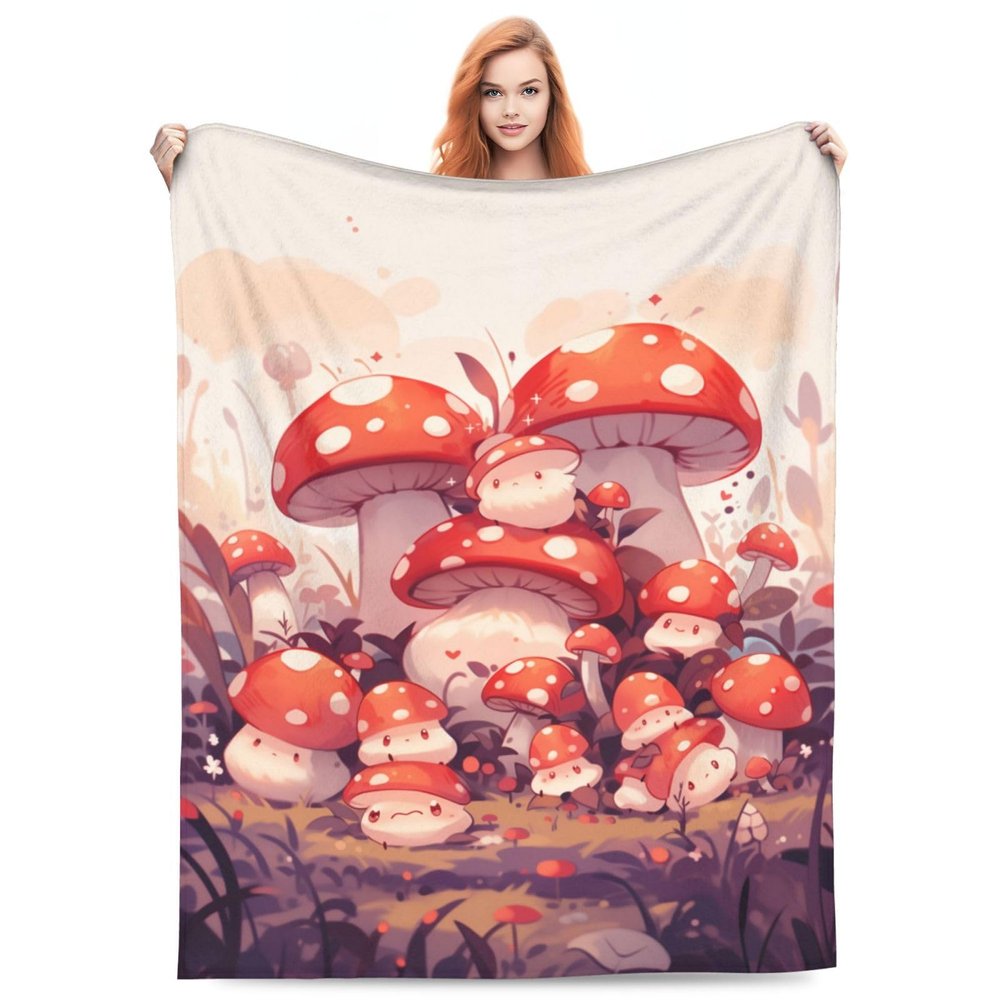 amepay Cute Cartoon Mushroom Flannel Throw Blanket, Soft and Plush, 60 x 50.3 in