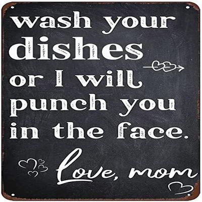 Funny Sarcastic Metal Sign, Vintage Man Cave Decor, “Wash Your Dishes or I Will Punch You in the Face,” Aluminum Wall Decor for Farmhouse, Kitchen, or Restaurant, 20.3 x 30 cm