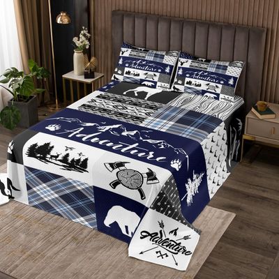 feelingyou Bear Paw Print Quilt Bedding Set for Girls and Teens, Deer Antlers, Hunting Adventure, Pine Arrow Blue Check Plaid, Soft Polyester