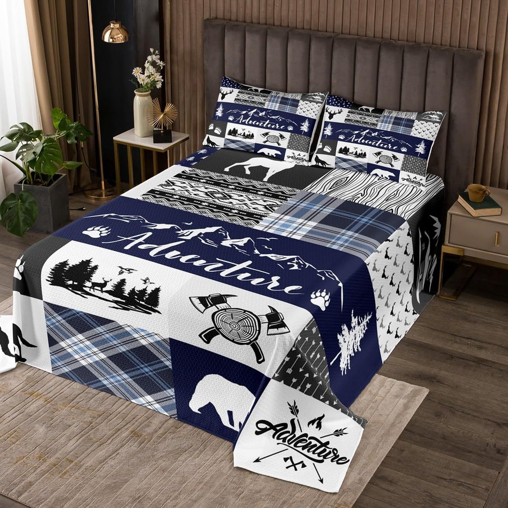 feelingyou Bear Paw Print Quilt Bedding Set for Girls and Teens, Deer Antlers, Hunting Adventure, Pine Arrow Blue Check Plaid, Soft Polyester
