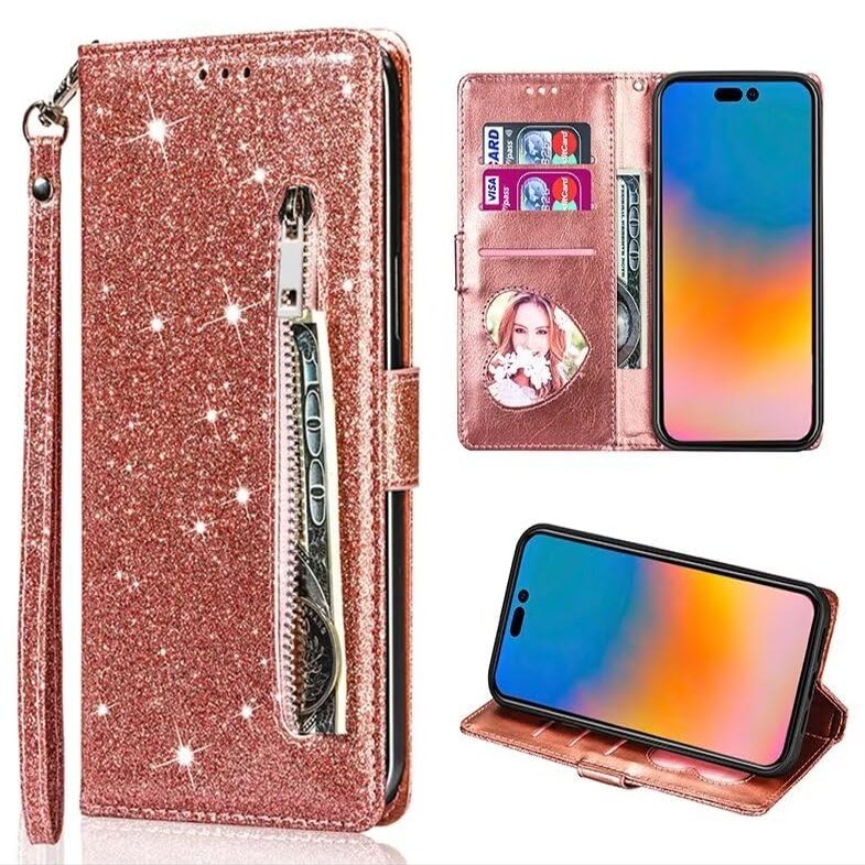 FERLAN Wallet Case for Samsung Galaxy A21s, Glitter Rose Gold