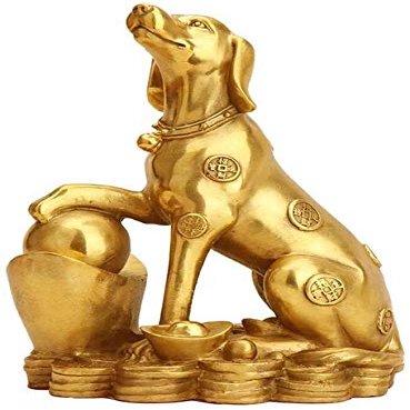 Large Dog with Gold Ingot Brass Feng Shui Statue, Size L