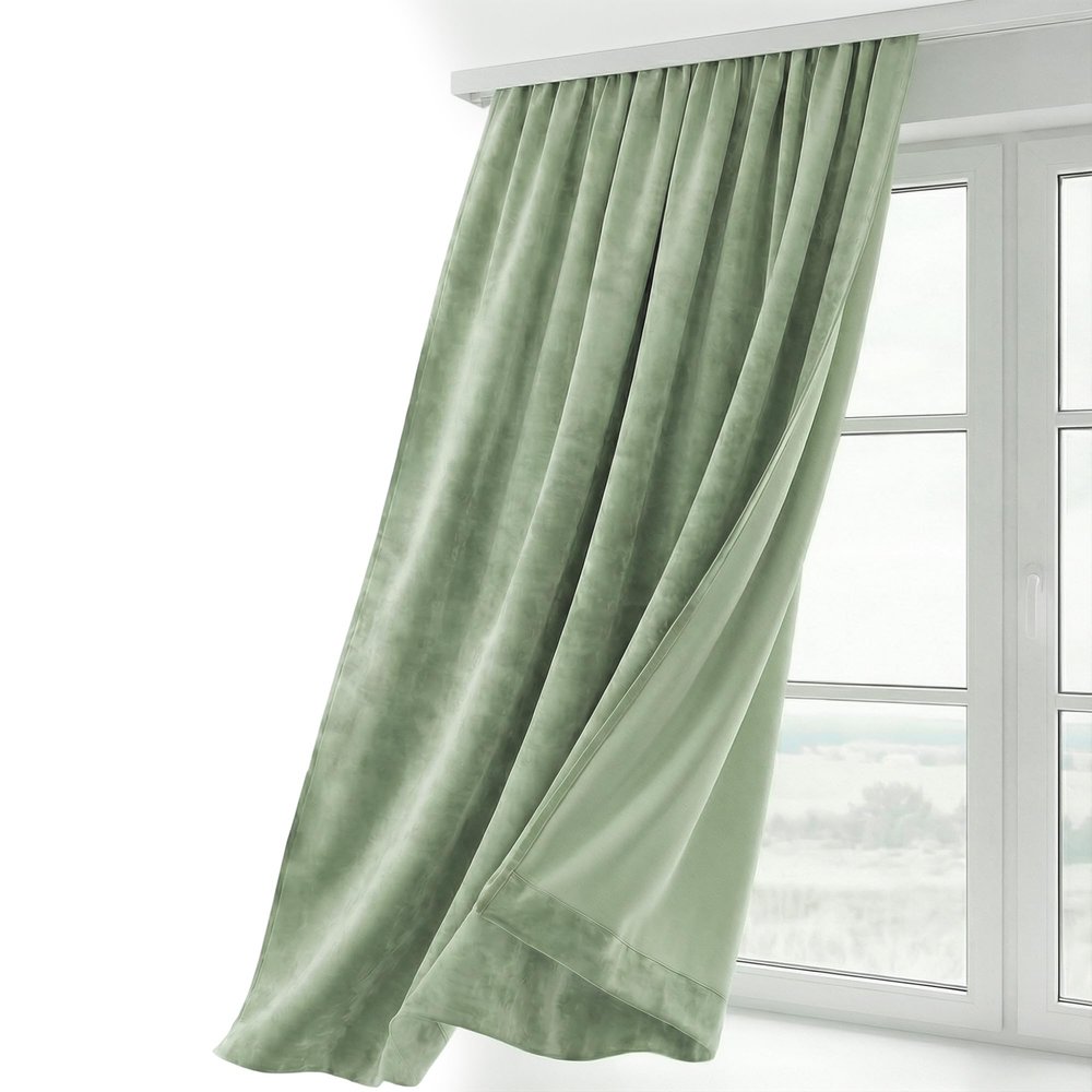 BEAUTEX Velvet Curtain with Gathering Tape, Light Green, 300 x 245 cm