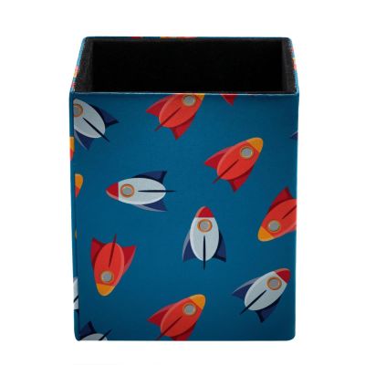 HOHODIY Round Creative Pen Holder, Space Rockets Desktop Organizer, PU Leather Storage Box