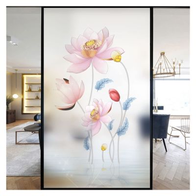 Decorative Window Film, Lotus Flower Pattern, Stained-Glass Look, No Adhesive, Static Cling, Frosted, Pattern G, 70 x 120 cm (W x H)